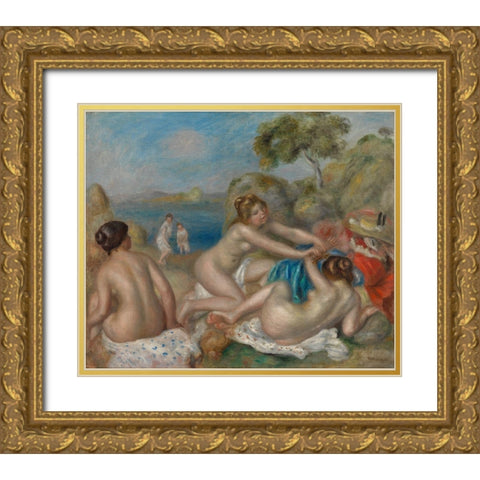 Bathers Playing with a Crab Gold Ornate Wood Framed Art Print with Double Matting by Renoir, Pierre-Auguste