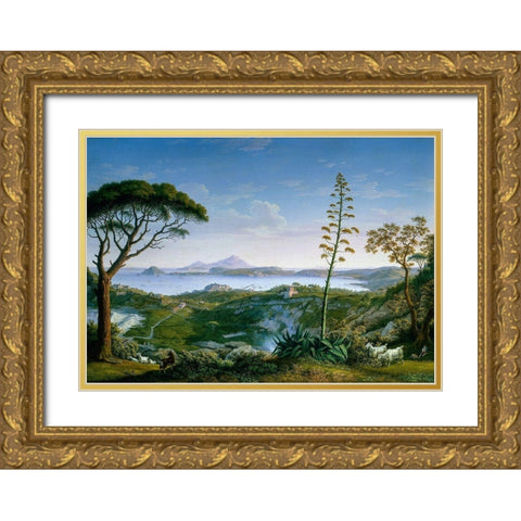 View of the Gulf of Pozzuoli from Solfatara Gold Ornate Wood Framed Art Print with Double Matting by Hackert, Philipp
