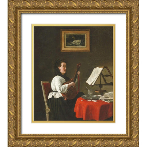 Young Woman with a Mandolin, Portrait of Louison Kohler Gold Ornate Wood Framed Art Print with Double Matting by Bonvin, Francois