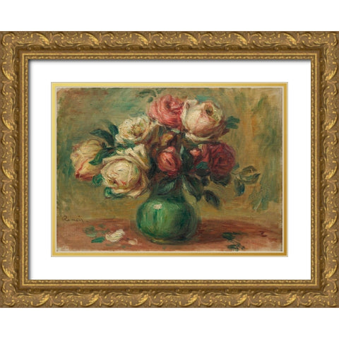 Roses in a Vase Gold Ornate Wood Framed Art Print with Double Matting by Renoir, Pierre-Auguste