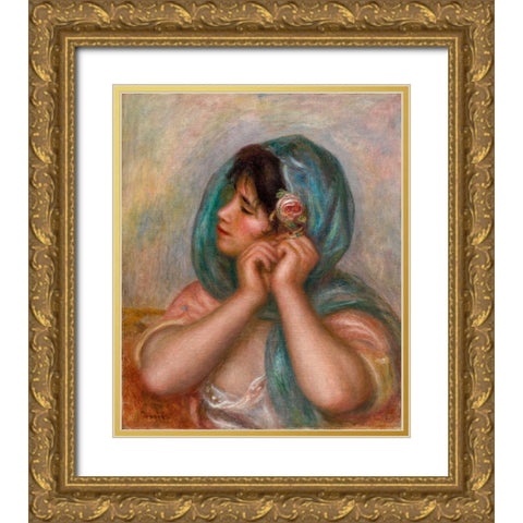 Young Woman Arranging Her Earring Gold Ornate Wood Framed Art Print with Double Matting by Renoir, Pierre-Auguste