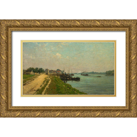 Banks of the Seine Gold Ornate Wood Framed Art Print with Double Matting by France 19th Century