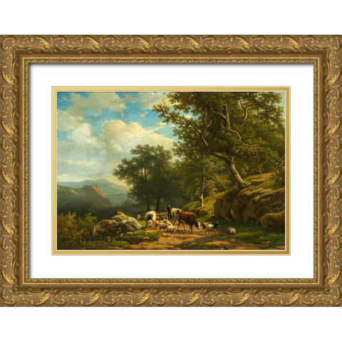 Landscape with a Peasant and His Flock Gold Ornate Wood Framed Art Print with Double Matting by Daiwaille, Alexander Joseph