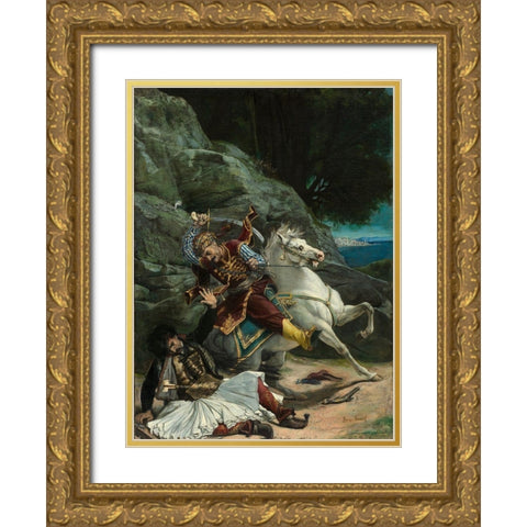 Combat of a Greek and a Turk Gold Ornate Wood Framed Art Print with Double Matting by Vernet, After Horace