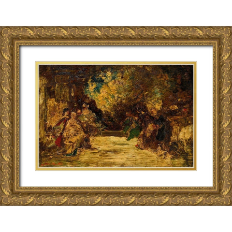 Figures on a Terrace Gold Ornate Wood Framed Art Print with Double Matting by Monticelli, Adolphe
