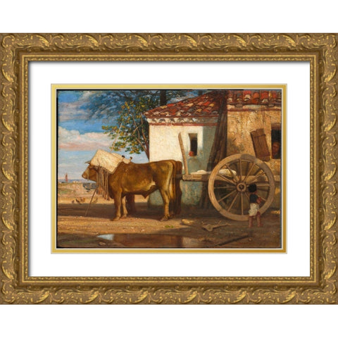 Oxen before a Farmhouse at Le Verrier Gold Ornate Wood Framed Art Print with Double Matting by Decamps, Alexandre-Gabriel