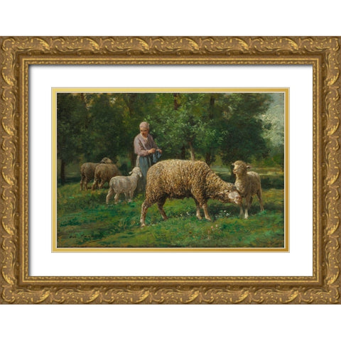 Shepherdess with Sheep Gold Ornate Wood Framed Art Print with Double Matting by Jacque, Charles-Emile