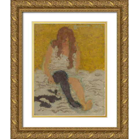 Woman Putting on Her Stockings Gold Ornate Wood Framed Art Print with Double Matting by Bonnard, Pierre