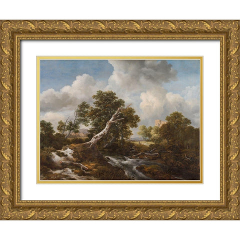 Low Waterfall in a Wooded Landscape with a Dead Beech Tree Gold Ornate Wood Framed Art Print with Double Matting by Ruisdael, Jacob van