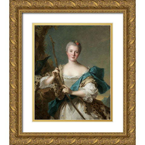 Portrait of a Woman as Diana Gold Ornate Wood Framed Art Print with Double Matting by Nattier, Jean-Marc