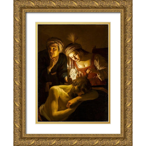 Samson and Delilah Gold Ornate Wood Framed Art Print with Double Matting by Honthorst, Gerrit van