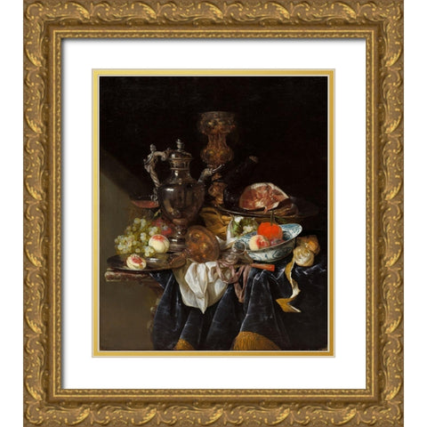 Silver Wine Jug, Ham, and Fruit Gold Ornate Wood Framed Art Print with Double Matting by Beyeren, Abraham van