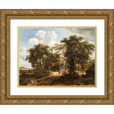 A Cottage in the Woods Gold Ornate Wood Framed Art Print with Double Matting by Hobbema, Meindert