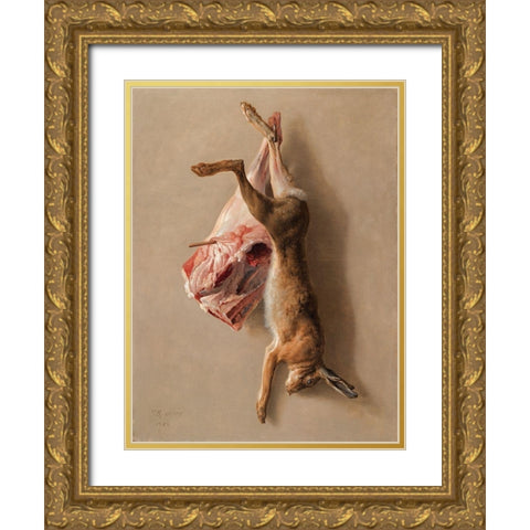 A Hare and a Leg of Lamb Gold Ornate Wood Framed Art Print with Double Matting by Oudry, Jean-Baptiste