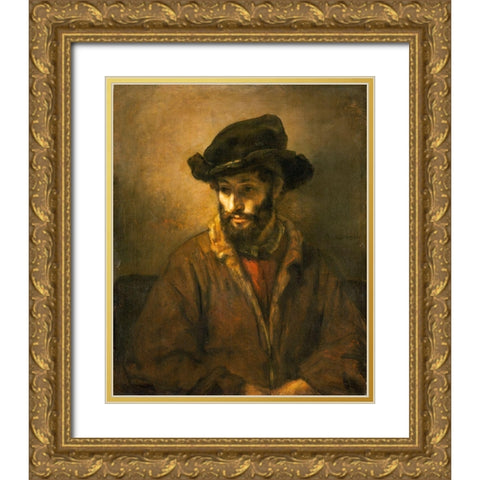 A Bearded Man Wearing a Hat Gold Ornate Wood Framed Art Print with Double Matting by van Rijn, Rembrandt