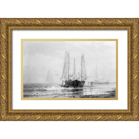 Seascapeâ€”Fishing Boats by the Shore 1875 Gold Ornate Wood Framed Art Print with Double Matting by Smith, Henry Pember