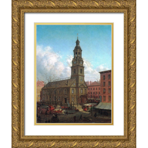 The North Dutch Church, Fulton and William Streets, New York 1869 Gold Ornate Wood Framed Art Print with Double Matting by Henry, Edward Lamson