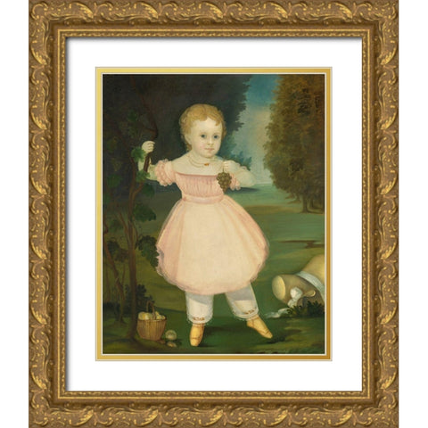 Portrait of a Little Girl Picking Grapes Gold Ornate Wood Framed Art Print with Double Matting by American 1850