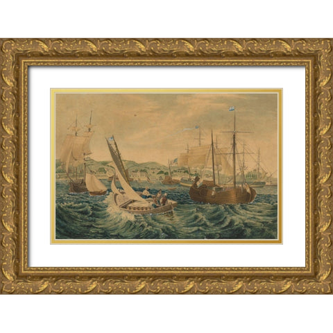 Quarantine, Staten Island 1833 Gold Ornate Wood Framed Art Print with Double Matting by Bennett, William James