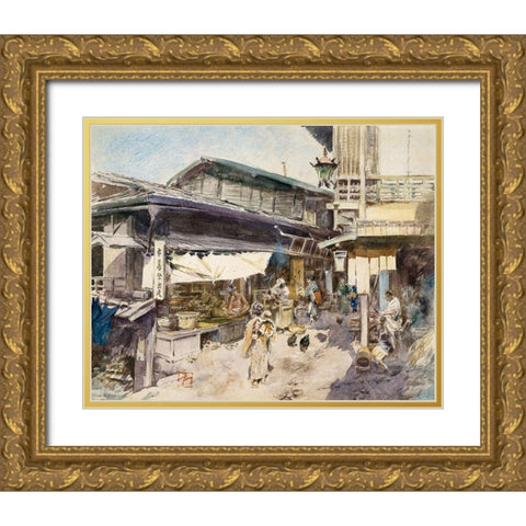 Street Scene in Ikao, Japan Gold Ornate Wood Framed Art Print with Double Matting by Blum, Robert Frederick