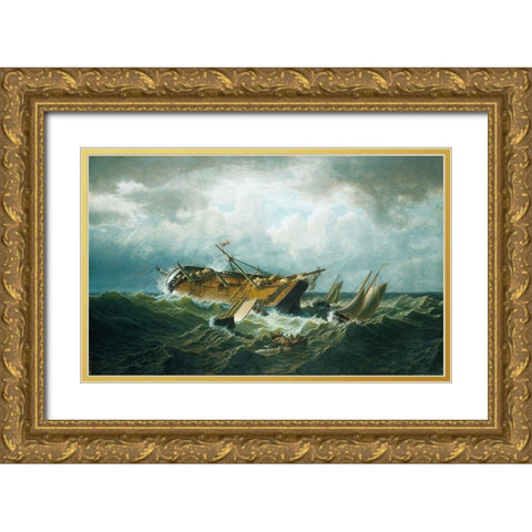 Shipwreck off Nantucket (Wreck off Nantucket after a Storm) 1860 Gold Ornate Wood Framed Art Print with Double Matting by Bradford, WilliamÂ 