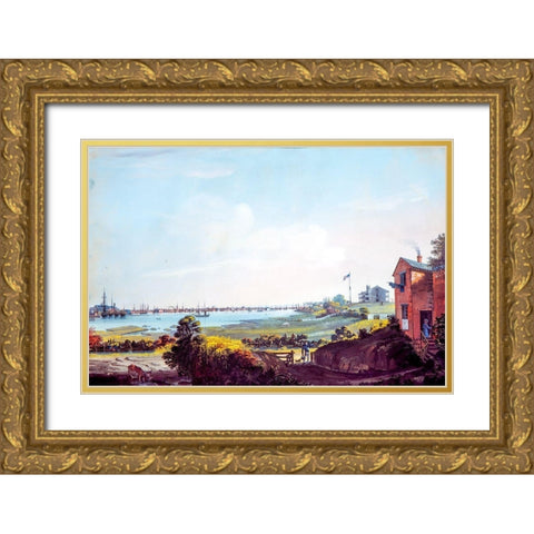 View of the City of New York and the Marine Hospital Taken from Wallabout Gold Ornate Wood Framed Art Print with Double Matting by Calyo, Nicolino