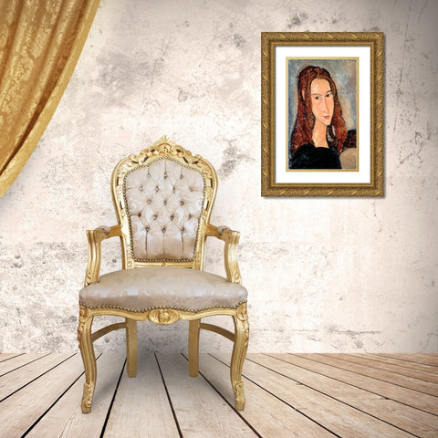 Portrat of Jeanne Hobuterne Gold Ornate Wood Framed Art Print with Double Matting by Modigliani, Amedeo