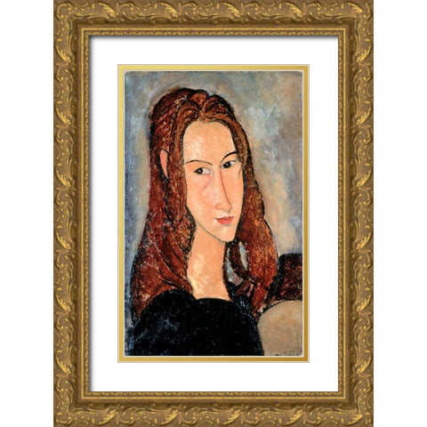 Portrat of Jeanne Hobuterne Gold Ornate Wood Framed Art Print with Double Matting by Modigliani, Amedeo