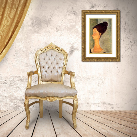 Lady with black hair Gold Ornate Wood Framed Art Print with Double Matting by Modigliani, Amedeo