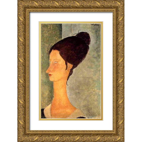 Lady with black hair Gold Ornate Wood Framed Art Print with Double Matting by Modigliani, Amedeo