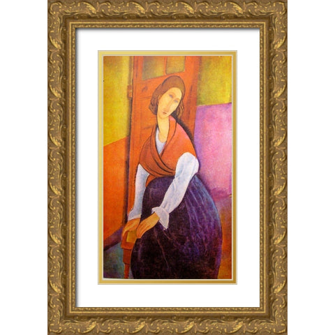 Lady in red shawl Gold Ornate Wood Framed Art Print with Double Matting by Modigliani, Amedeo