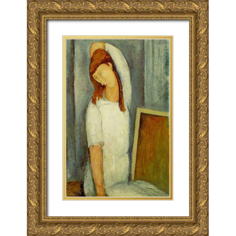 Jeanne Hebuterne Gold Ornate Wood Framed Art Print with Double Matting by Modigliani, Amedeo