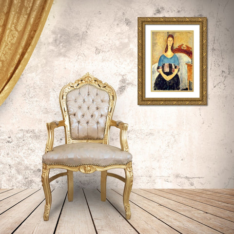 Seated lady on bed Gold Ornate Wood Framed Art Print with Double Matting by Modigliani, Amedeo