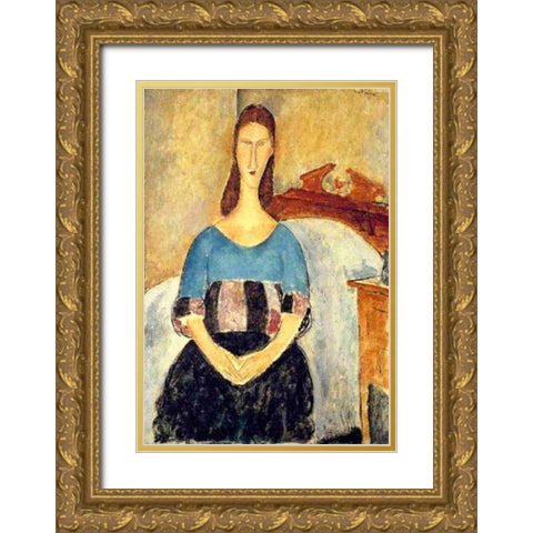 Seated lady on bed Gold Ornate Wood Framed Art Print with Double Matting by Modigliani, Amedeo