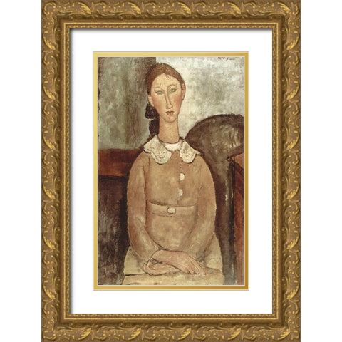 Seated woman with lace collar Gold Ornate Wood Framed Art Print with Double Matting by Modigliani, Amedeo