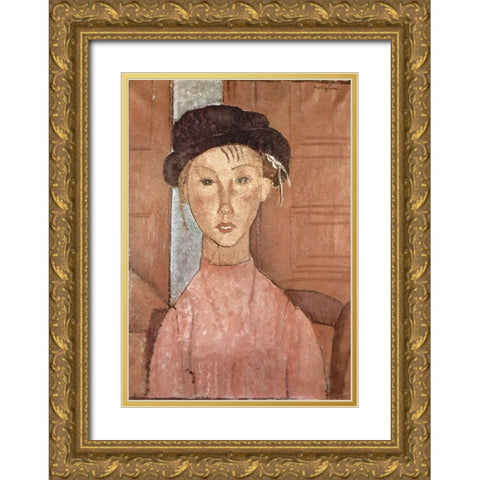 Seated woman with hat Gold Ornate Wood Framed Art Print with Double Matting by Modigliani, Amedeo