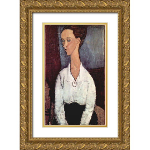 Portrait of Lunia Czechowska Gold Ornate Wood Framed Art Print with Double Matting by Modigliani, Amedeo