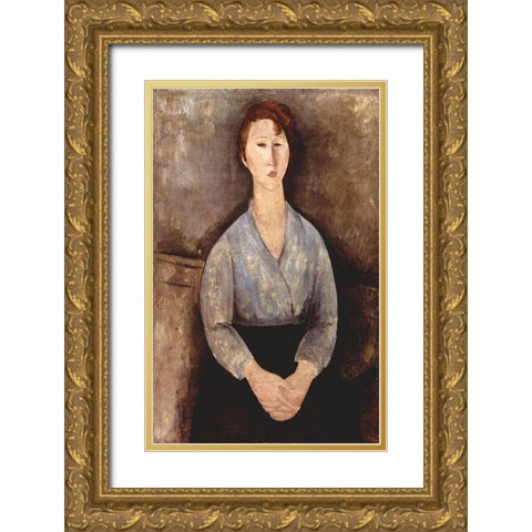 Seated woman in grey shirt Gold Ornate Wood Framed Art Print with Double Matting by Modigliani, Amedeo