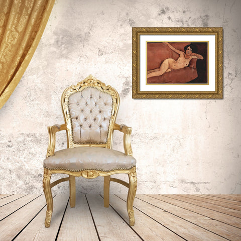 Nude on couch Gold Ornate Wood Framed Art Print with Double Matting by Modigliani, Amedeo