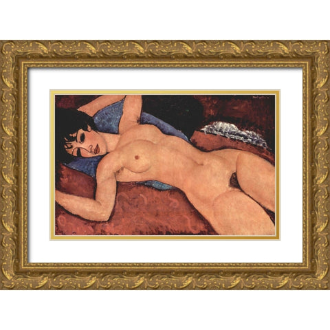 Reclining nude dark hair Gold Ornate Wood Framed Art Print with Double Matting by Modigliani, Amedeo