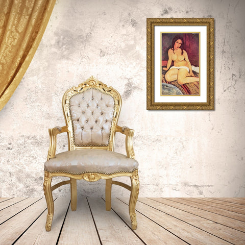 Nude seated on floor Gold Ornate Wood Framed Art Print with Double Matting by Modigliani, Amedeo