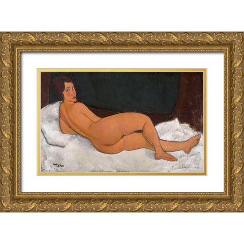 Reclining Nude looking over right shoulder Gold Ornate Wood Framed Art Print with Double Matting by Modigliani, Amedeo