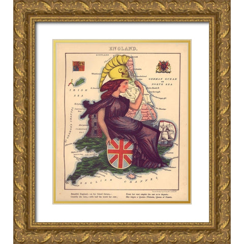 Anthropomorphic Map of England Gold Ornate Wood Framed Art Print with Double Matting by Vintage Maps