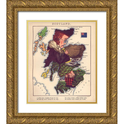 Anthropomorphic Map of Scotland Gold Ornate Wood Framed Art Print with Double Matting by Vintage Maps