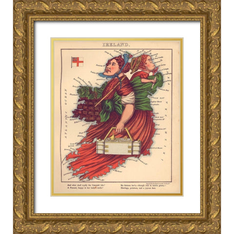 Anthropomorphic Map of Ireland Gold Ornate Wood Framed Art Print with Double Matting by Vintage Maps