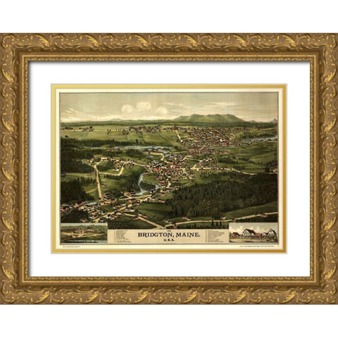 Bridgeton-Maine 1888 Gold Ornate Wood Framed Art Print with Double Matting by Vintage Maps