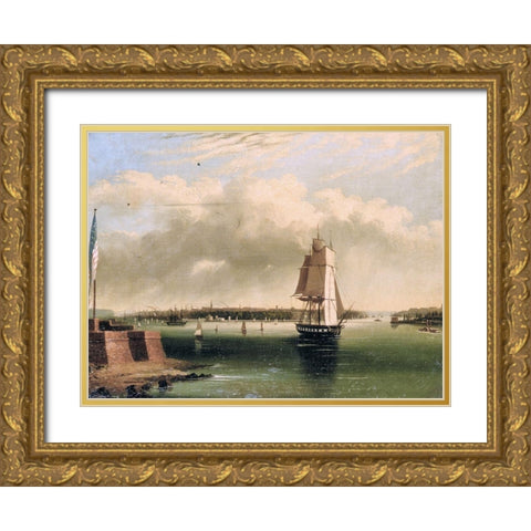 Bay and Harbor of New York from Bedlows Island Gold Ornate Wood Framed Art Print with Double Matting by Coates, Edmund C.
