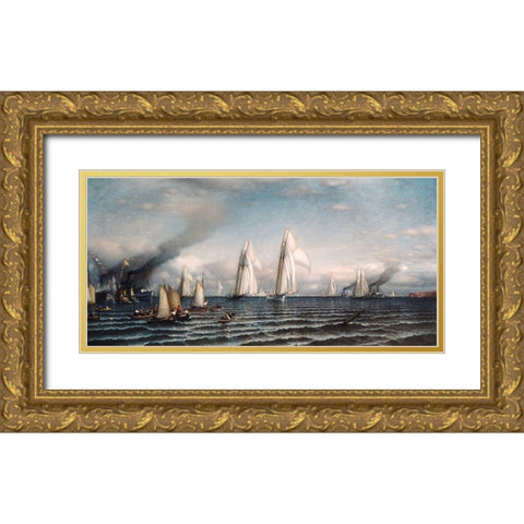 Finishâ€”First International Race for Americas Cup, August 8, 1870 Gold Ornate Wood Framed Art Print with Double Matting by Colman, Samuel