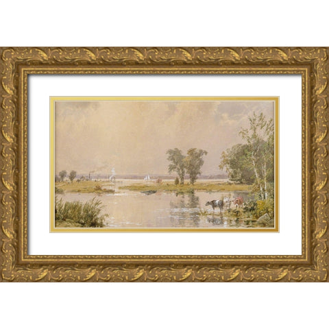 Hackensack Meadows Gold Ornate Wood Framed Art Print with Double Matting by Cropsey, Jasper Francis
