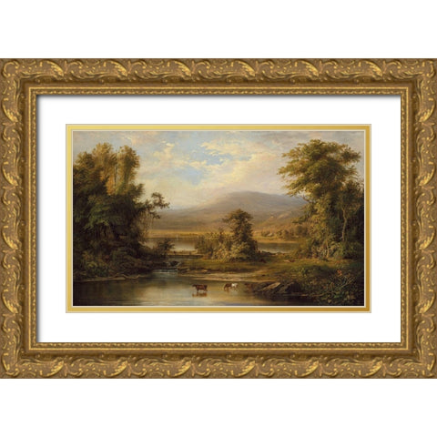 Landscape with Cows Watering in a Stream Gold Ornate Wood Framed Art Print with Double Matting by Duncanson, Robert S.